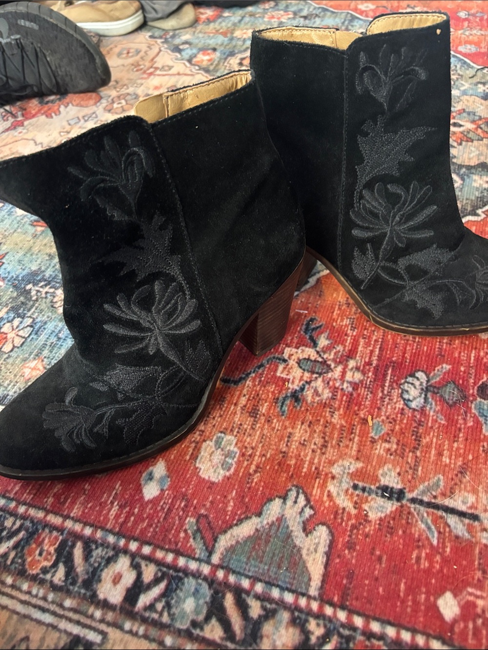 Lucky Brand Black Embroidered Suede Ankle Boots -